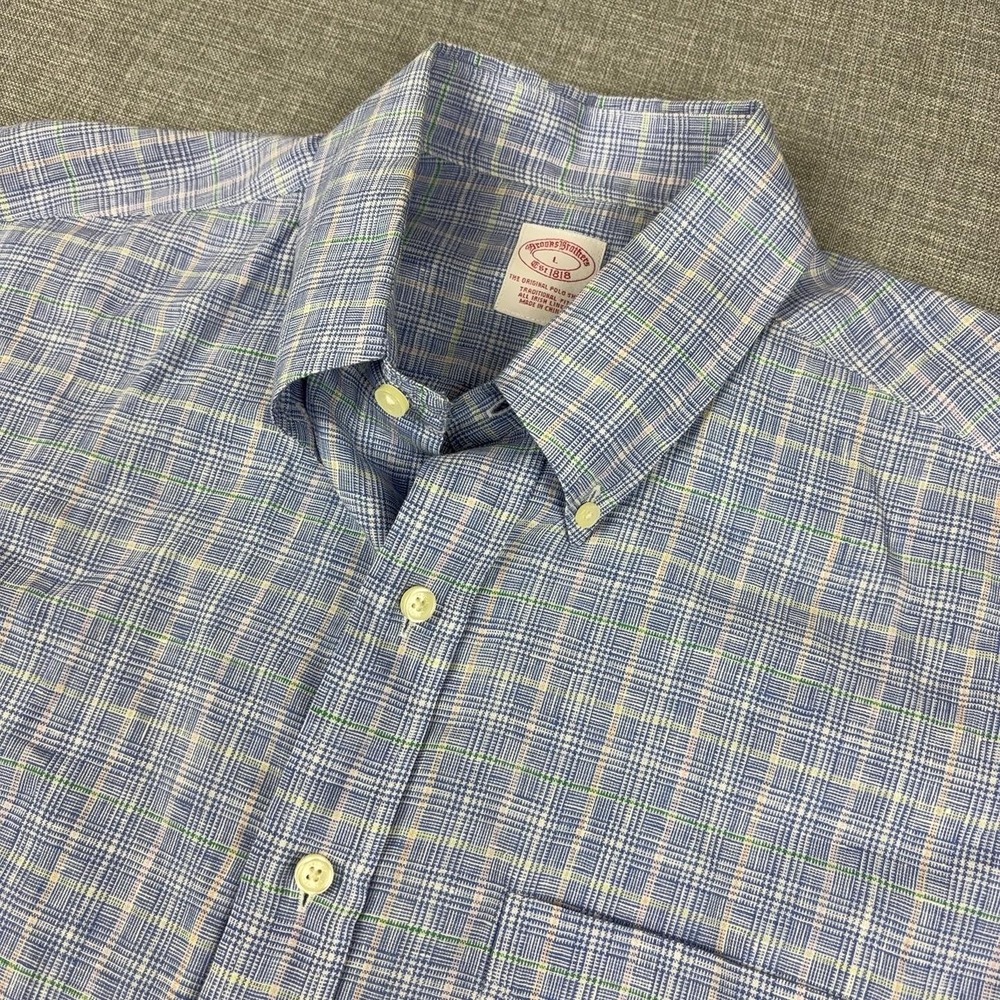 Brooks Brothers Shirt Mens Large Blue Plaid Linen Long Sleeve Button Up Classic